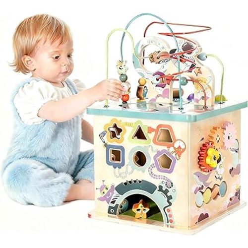 Pre-Assembled 5 in 1 Wooden Activity Cube. Educational Learning Toy for Kids with Bead Maze, Shape Sorter and Music Gears. for Toddlers 18 Month+. Birthday Gifts for Boys and Girls