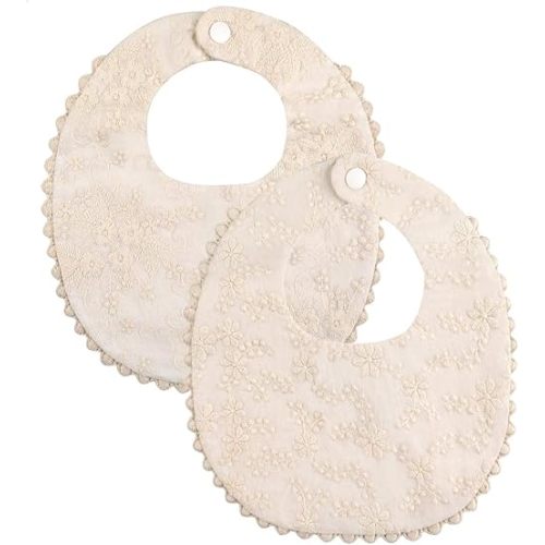 GZMM Baby Bib For Girls,Reversible Waterproof Handmade Natural Cotton Baby Drool Bib 0-12 months 2 Pack (off-white color, 0-12 months)