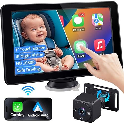 Baby Car Camera with 7" HD Touch Screen, Car Baby Monitor with Wireless CarPlay Support, 1080P Night Vision, 360° Rotatable Car Seat Camera, Easy Installation