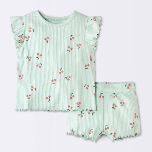 Baby Girls' 2pc Cherry Fruit Ruffle Sleeve T-Shirt and Bike Shorts Set - Cloud Island™ Light Mint Green 0-3M