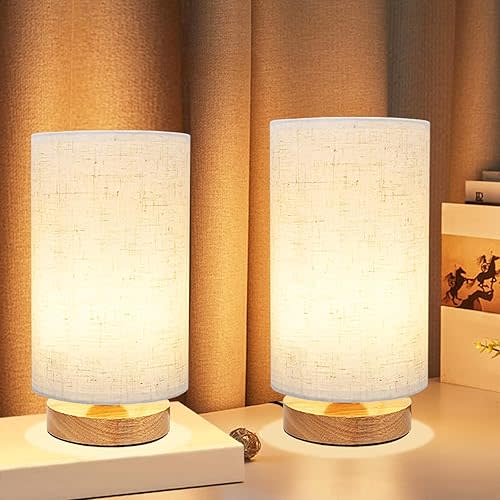 Small Bedside Table Lamp for Bedroom set of 2,Minimalist Wood Base & Round Fabric Shade,Mini Cute Cozy Warm Nightstand Boho Lamp set, Study Desk Night Stand Light for Room, Dorm,Nursery,Living Room