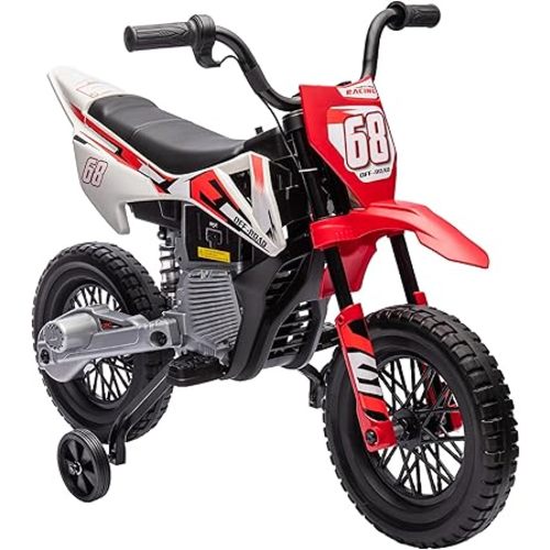 Qaba Kids Dirt Bike with Twist Grip Throttle, 12V Electric Motorcycle, Electric Bike for Toddler with Training Wheels, Rear Suspension & Music for Ages 3-6 Years, Red
