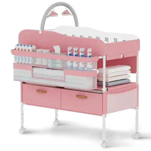 Diaper Changing Station, Portable Changing Table for Baby, Diaper Changing Table with Storage Drawers, Waterproof Baby Changing Station with Wheels and Adjustable Height for Newborn Infant (Pink)