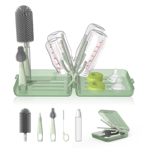 YOTIME Travel Bottle Brush Set, Auto-Open Rack & Vertical Brushs Drying Slots, 3 Brushes, Foldable Drying Rack, Dispenser, Travel Baby Essentials for On-The-Go Parents, Green