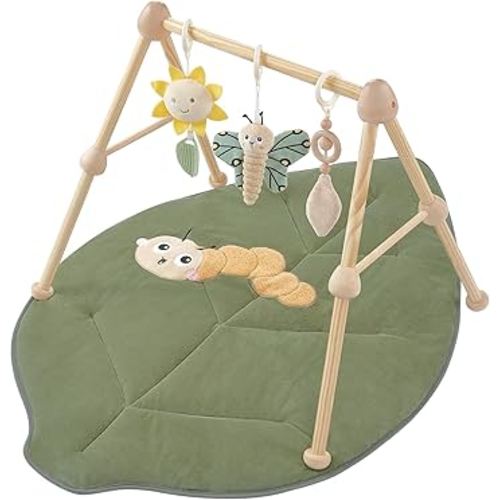 4-in-1 Wooden Baby Play Gym & Activity Mat, Soft Cotton Tummy Time Mat for Babies 0+,with 3 Detachable Toys for Sensory & Motor Skill Development,Newborn Infant Baby Essentials Gift,Leaf