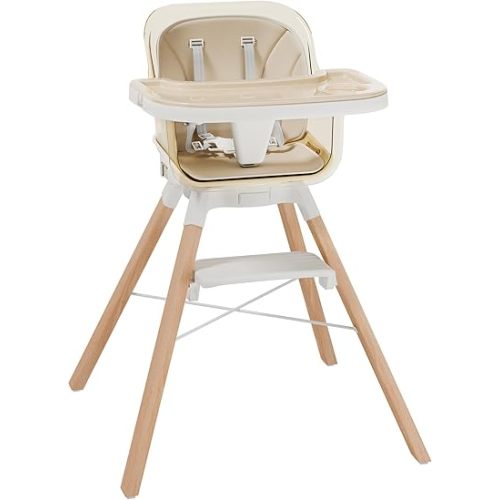 Convertible Baby High Chair, Wooden 360° Swivel High Chairs with Reversible Footrest & Removable 2-Tier Tray for Babies and Toddlers, Baby Infant Highchair with 5-Point Safety Belt, Champagne