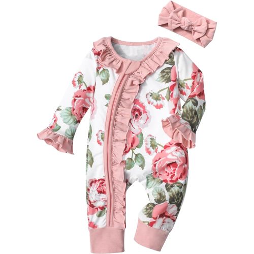 Von kilizo Baby Girl Clothes Infant Newborn Onesie Clothes for Baby Girls Long Sleeve Zip Closure Outfit with Headband