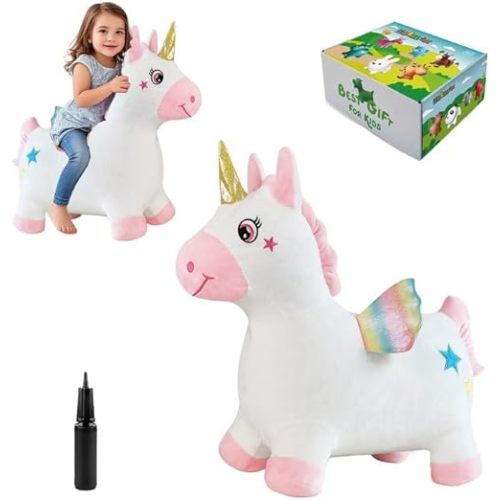 Unicorn Bouncy Horse Toys for 2 Year Old Girl, Inflatable Ultra Thick Plush Horse Hopper, Ride on Rubber Jumping Toys for Baby Girl or Boy 1st Birthday Gift for 2 3 4 Year Old (Pinkish White Unicorn)