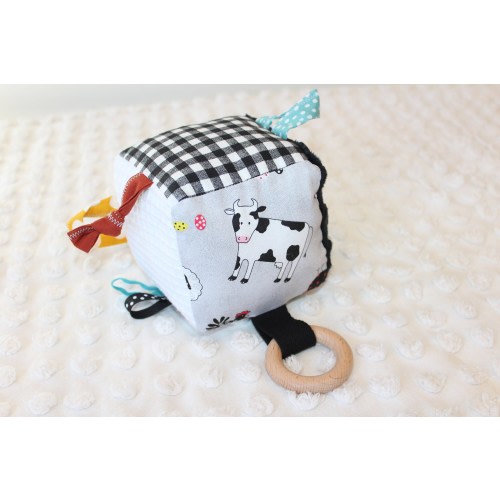 Farm Animal Sensory Block, Cow Activity Cube, Farm Baby Rattle, Baby Shower Gift
