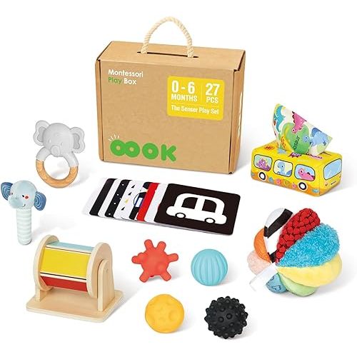 Montessori Toys for Babies 0-6 Months, 7 in 1 Newborn Baby Toys with Spinning Drum, Colorful Fabric Ball, Tissue Box Toy, Sensory Balls, Contrast Cards and More, Great Educational Toy for Baby