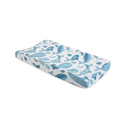 Crane Baby Quilted Changing Pad Cover with Animal Print, Breathable Cotton Sateen, Fits Standard 16”X32” Pads, Ocean Whale Blue