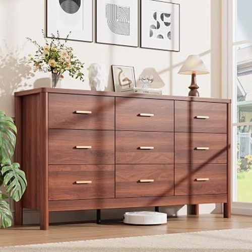 Garvee 9 Drawer Dresser, Modern Wooden Storage Chest of Drawers, Walnut