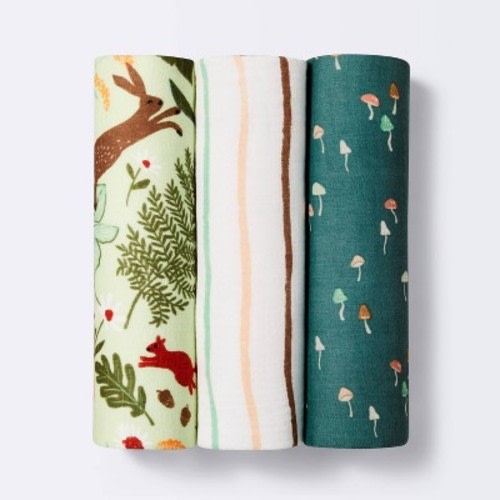 Muslin Swaddle Blanket Fauna - Pink/Green/Tan - 3pk - Cloud Island™