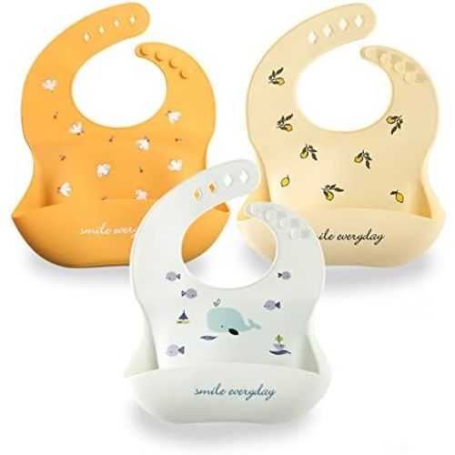 Baby Silicone Feeding Bibs, 3pcs Adjustable Waterproof Bibs for Feeding