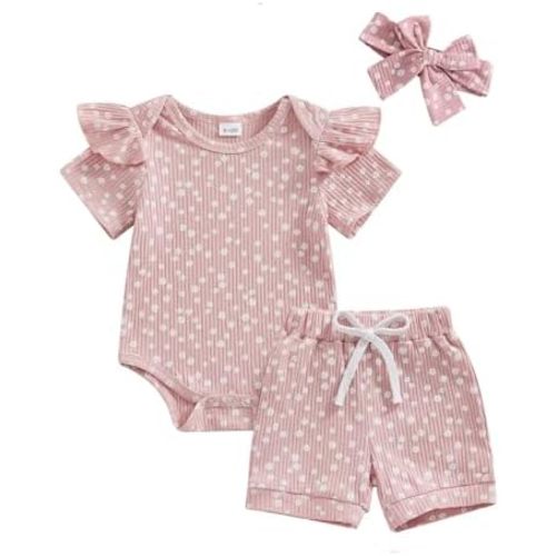 Infant Baby Girl Clothes Newborn Summer Outfits Floral Ribbed Knit Short Sleeve Romper Shorts Set with Headband