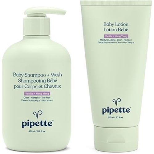 Pipette Vanilla + Ylang Ylang Baby Shampoo + Wash and Baby Lotion Duo, Clean, Tear-Free Bath Time, Sulfate-Free, Paraben-Free, Silicone-Free, Sensitive Skin, Hypoallergenic, Non-Toxic