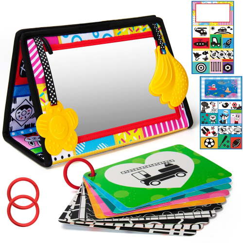 beetoy Tummy Time Floor Mirror with Early Learning Cards and Teethers,High Contrast Black and White Baby Toys,Developmental Montessori Sensory Crawling Toy for Newborn Infant Toddler 0 6 12Months Gift