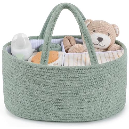 Maliton Diaper Caddy Organizer for Baby, Portable Diaper Storage Organizer for Changing Table and Car, Cotton Rope Nursery Storage Bin Basket for Baby Shower, Newborn Essentials Must Haves - Green