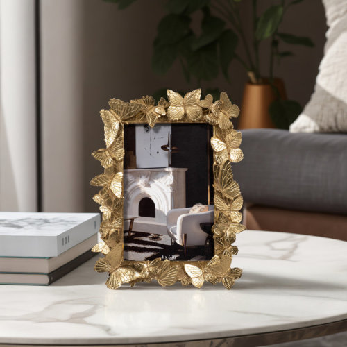 House of Hampton® 4x6 Gold Polyresin and Glass Photo Frame with Enchanting Butterflies Decor | Wayfair