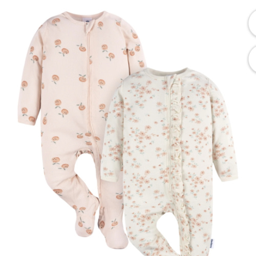 Gerber Baby Girl Sleep´N Play Footed Cotton Pajamas, 2-Pack, Sizes Newborn - 3/6 Months