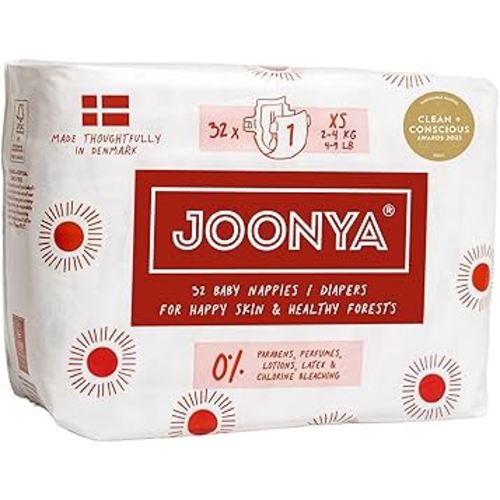 Joonya Baby Diapers, Size 1 XS (4-9 lb) - 1 Bag of 32 - New Range - NonToxic, Eco-Friendly, Ultra Slim, Overnight Use - Made in Denmark