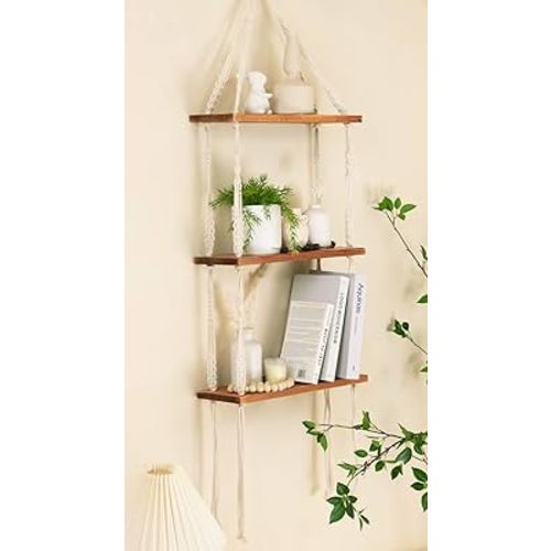 TIMEYARD Macrame Shelf Hanging Shelves, Wood Wall Shelf with Woven Rope, Rustic Floating Shelves Storage Organizer, 3 Tier Shelf Boho Decor for Living Room, Bathroom, Bedroom