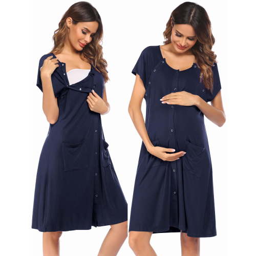 Avidlove 3 in 1 Nursing Nightgown Button Down Maternity Dress Labor/Delivery Breastfeeding Birthing Gown with Pocket