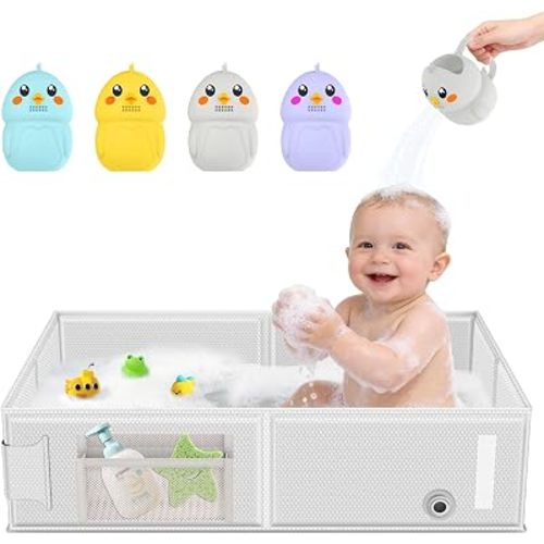 Collapsible Baby Bathtub, Foldable Toddler Bath Tub with Chick Pattern Bath Rinse Cup, No Assembly Portable Travel Bathtub for 6M-5Y, Ideal for Shower, Travel Essentials & Baby Registry Gift
