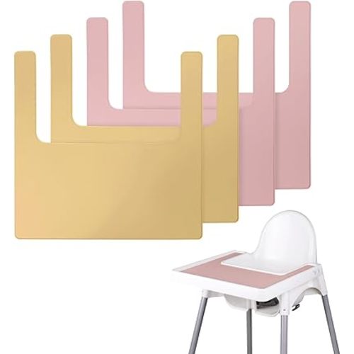 High Chair Placemat, Long Lasting High Chair Placemat Silicone, 4-Piece Set, Can Be Used Interchangeably, Suitable for IKEA Antilop Highchai, for Toddlers and Babies (Pink/Khaki)