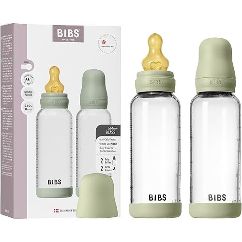 BIBS Glass Baby Bottles 2-Pack, 8.1 Oz. Anti-Colic System for Gas Reduction. Vented Round Natural Rubber Latex Nipple. Supports Infant and Newborn Breastfeeding - 240 ml (Pack of 2), Sage