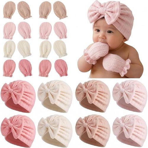 8 Sets Newborn Baby Girl Hats & Mittens, Cotton Preemie Hospital Bow Cap, No Scratch Gloves,Infant Beanies 0-3 Months