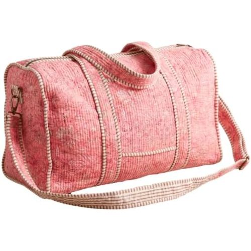 ATOSII Hand Block Print 100% Cotton Quilted Large Duffle Bag for Overnight Trip, Travel Weekender, Luggage, 2 Pockets, 1 Front Pocket, Detachable Long Strap, 20 X 10 X 12 Inches, Blush Bliss