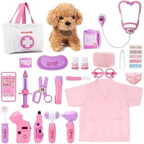 Meland Toy Doctor Kit for Girls - Pretend Play Doctor Set with Dog Toy, Carrying Bag, Stethoscope Toy & Dress Up Costume - Doctor Play Gift for Kids Toddlers Ages 3 4 5 6 Year Old for Role Play