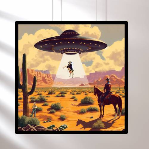 Cow Abduction - Trendy Western Cowboy Wall Art, Vintage 1950&#39;s Inspired UFO Sighting -Boyfriend Gift
