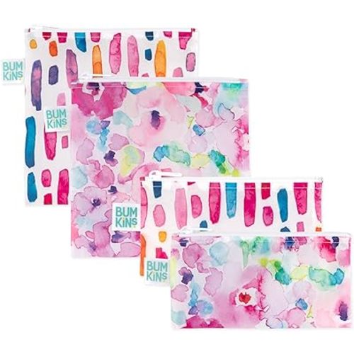 Bumkins - Cloth Snack & Sandwich Bags - For Storage, Travel, Food Prep, Lunch - Reusable, Water Resistant, Dishwasher Safe - Snack Bags for Kids - Zipper Closure - Watercolors & Brushstrokes - 4 Pack