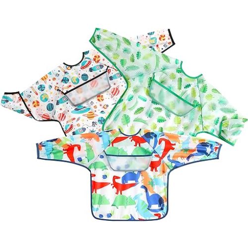 PandaEar (3 Pack Long Sleeve Bibs| Waterproof Full Sleeve Bib for Baby Infant Toddler 6-36 Months