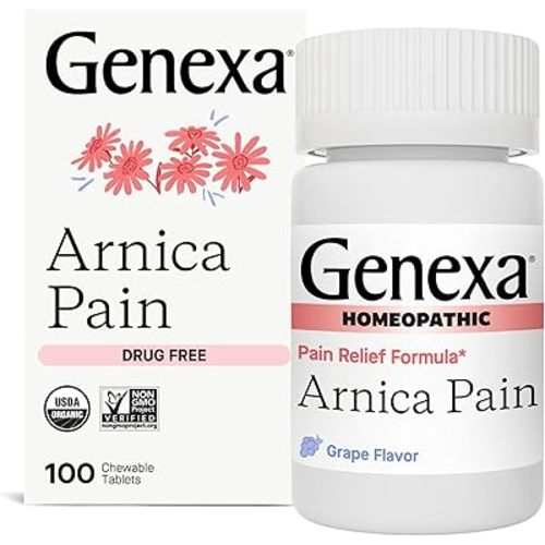 Genexa Arnica Tablets for Pain Relief Formula | Alleviate Muscle & Joint Pain, Soreness, & Stiffness | Delicious Organic Grape Flavor | Homeopathic Remedy Made Clean | 100 Chewable Tablets