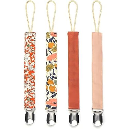 Pacifier Clips Baby Girl, Binky Clip Holder, 4 Pieces, Floral, Cotton and Linen Soft Fabric, for Babies During Teething