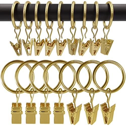 AMZSEVEN 100 Pack Metal Curtain Rings with Clips, Drapery Clips with Rings, Drapes Rings 1 in I D, Fits Diameter 6/8 in Curtain Rod, Gold Color