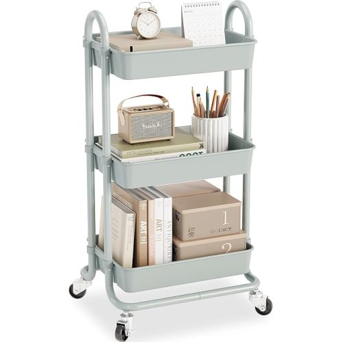 KINGRACK 3-Tier Rolling Utility Cart with Lockable Wheels, Heavy Duty Carbon Steel Storage Trolley, Multipurpose Organizer for Nursery, Bathroom, Kitchen & Office, Green