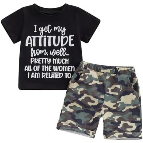 wdehow Toddler Kids Baby Boy Summer Clothes Sets 1T 2T 3T 4T 5T Letter Print Short Sleeve Tops Camouflage Shorts Outfits