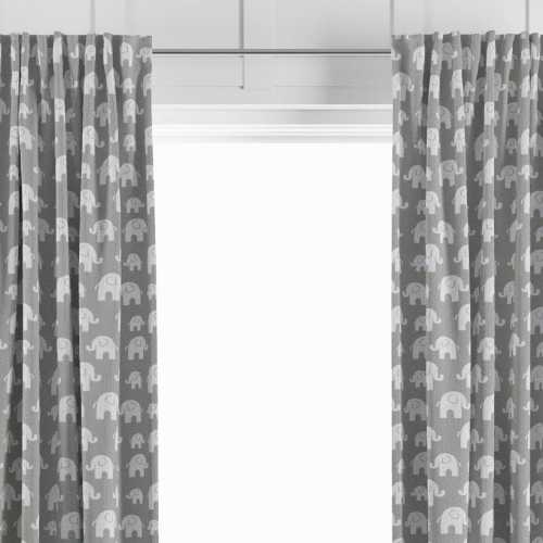 Grey & White Cotton Elephant Nursery Curtains, Children's Playroom or Bedroom Animal Print Window Treatment or Bathroom Valance
