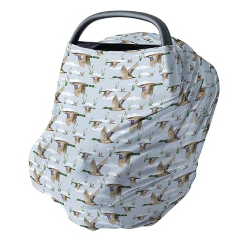 HawSkgFub Mallard Duck Hunting 5-in-1 Car Seat Cover for Baby Boy Girl Gift, Blue Wild Animal Hunter Reed Privacy Breastfeeding Nursing Cover, Newborn Infant Multi-use Carseat Canopy Carrier
