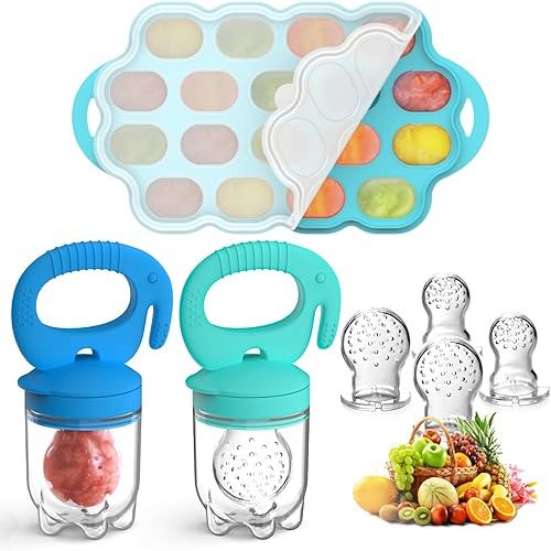 Silicone Baby Food Teether Feeder with Breastmilk Popsicle Molds Combo, BPA Free Baby Fruit Food Feeder Pacifier, Teething Popsicle for Baby 4m+, 3 Sizes Food Pouches Included