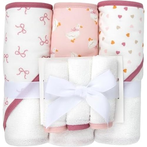 Jessica Simpson Baby 6-Piece Hooded Towel & Washcloth Set – Soft Polyester Hooded Towels + Matching Washcloths (Pink Bows & Hearts)