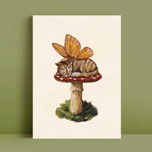 Cute Goblincore Art Print - 5x7 - Cat and Mushroom Art - Dorm Room Decor - Cute Print - Vegan Wall Art - Vintage Art