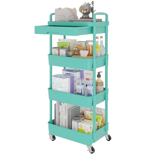 Calmootey 4-Tier Rolling Utility Cart with Drawer,Multifunctional Storage Organizer with Plastic Shelf & Metal Wheel,Storage Cart for Kitchen,Bathroom,Living Room,Office,Green