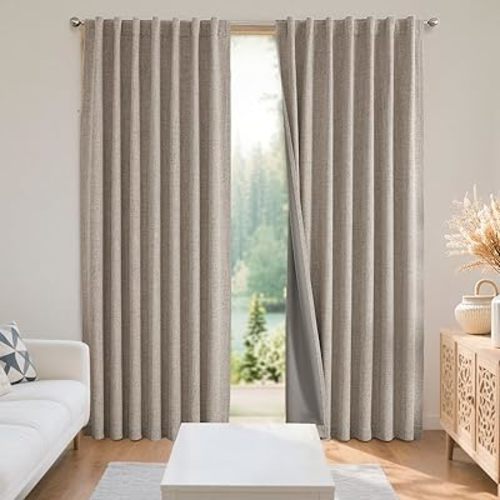 Joydeco Blackout Curtains for Bedroom - Natural Linen Curtains 84 inch Long, Thermal Insulated 100% Blackout 2 Panels Light Blocking Drapes, Rod Pocket & Back Tabs, Darkening Privacy for Living Room
