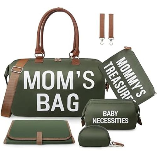 printe 6pcs Large Diaper Bag Tote with Changing Pad & 2 Organized Pouches, Mom's Bag for Hospital with Pacifier Case, Straps, Stroller Hook, Baby Diaper Bag for Weekender Travel, Olive Green