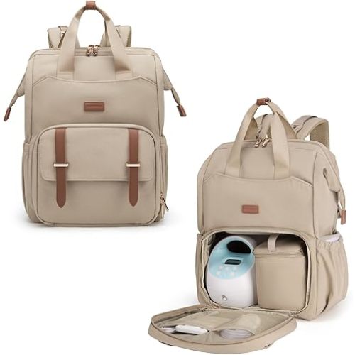 mommore Diaper Bag Backpack, Breast Pump Backpack for Spectra S1,S2 Medela Pumping Backpack for Working Moms with 15.6 inch Laptop Sleeve, Champagne